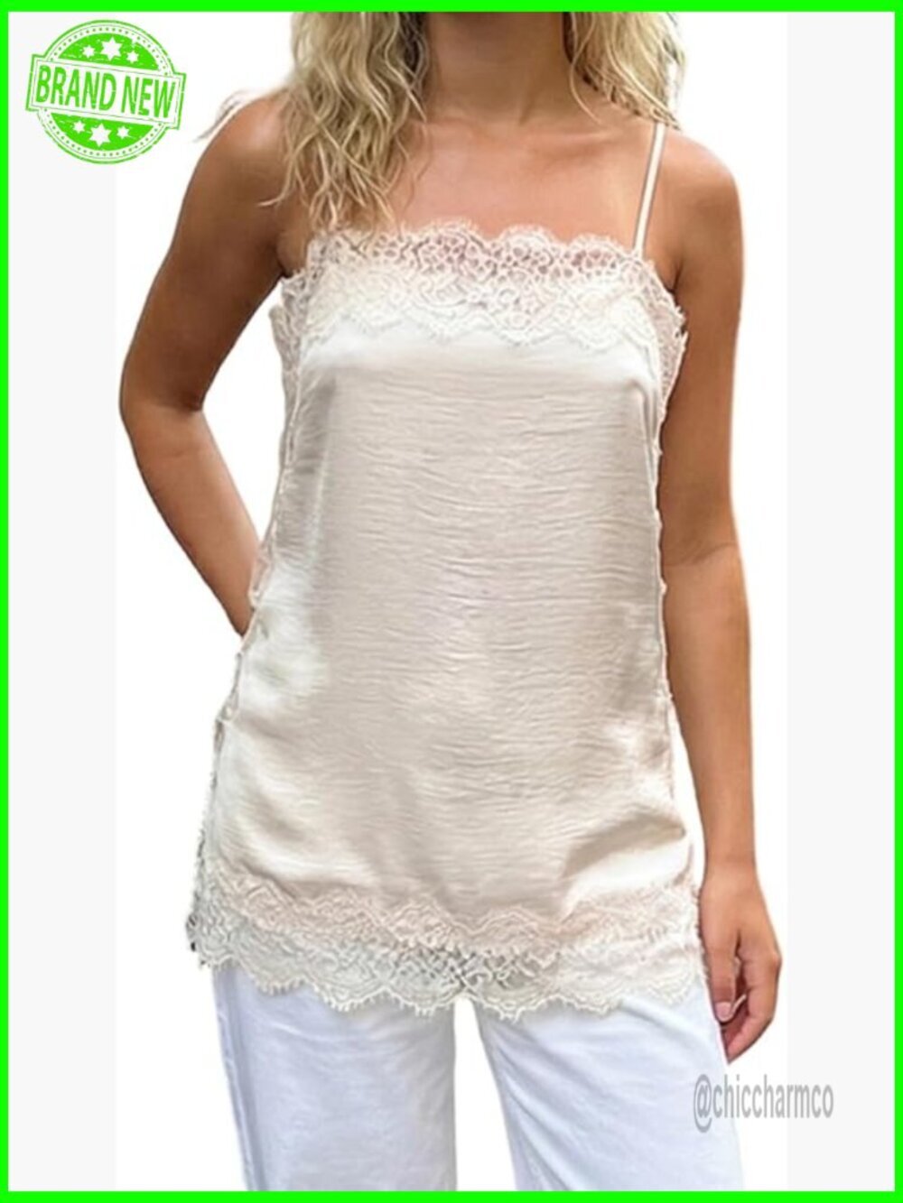 Silky Lace Trim Camisole Top Spaghetti Strap V Neck Flowy Tank